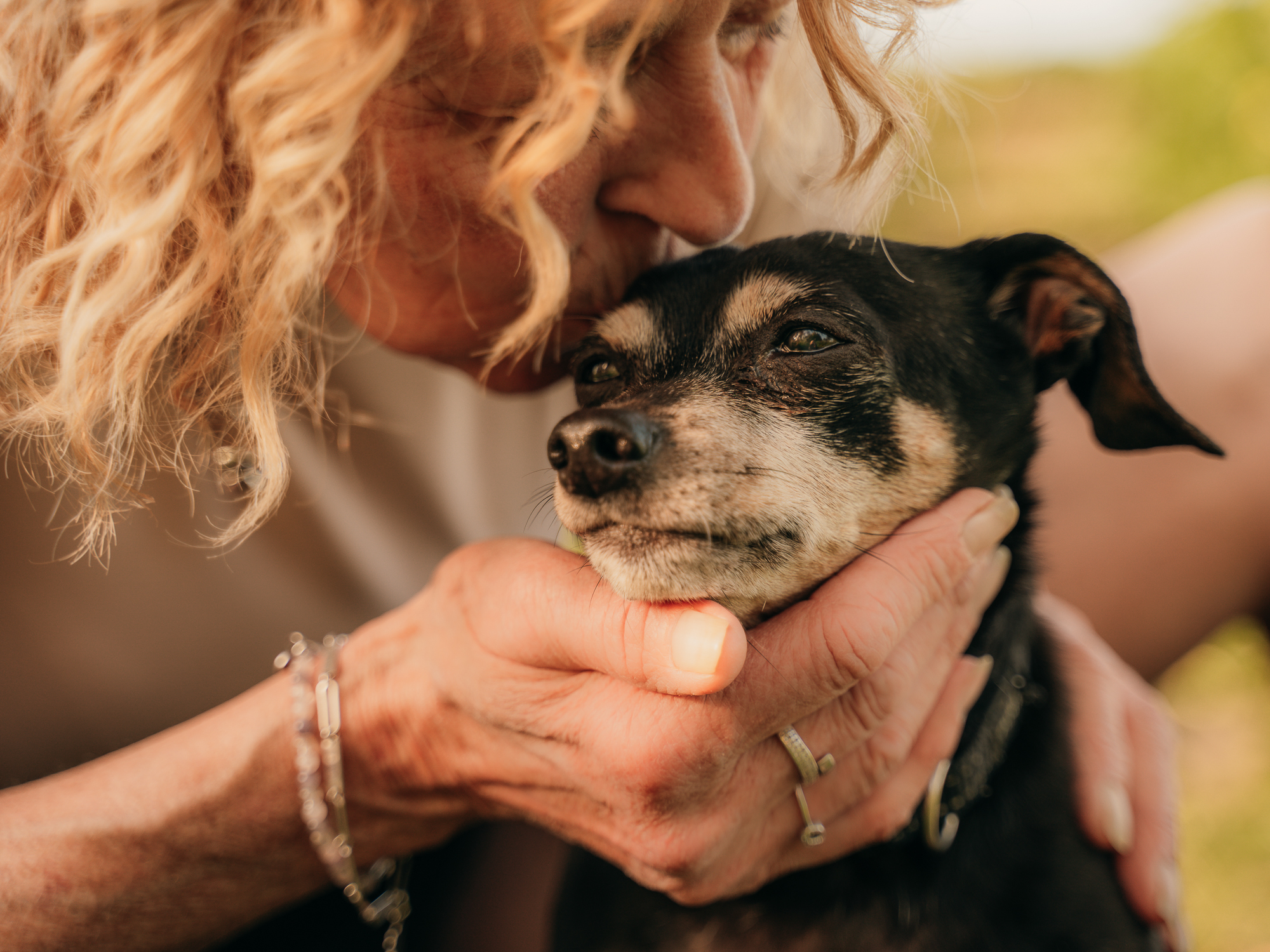Vrouw geeft kus aan oud hondje in natuur close up